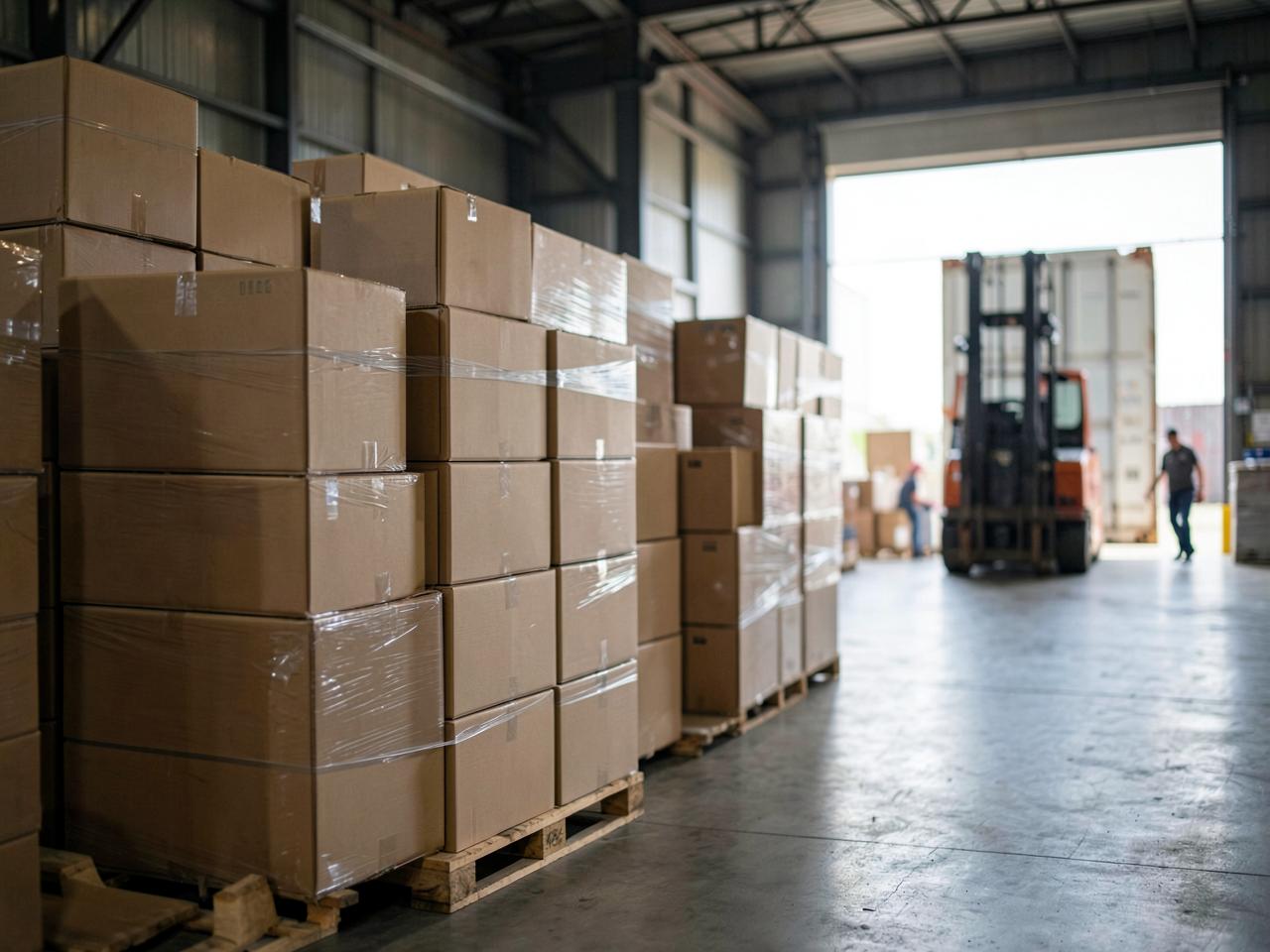 A fireworks import warehouse with palletized shipping cartons and a forklift unloading a container at the loading dock